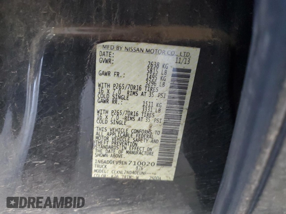 2014 Nissan Frontier SV with VIN 1N6AD0EV9EN710020, listed as a Copart auction lot 60895575 with 125,090 mi miles and Salvage title. Bid and sale history available at DreamBid. Image 12.