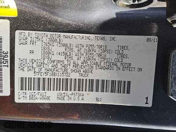 2011 Toyota Tundra z VIN 5TFEY5F10BX115722, wystawiony jako Copart lot #47325435 z przebiegiem 231 924 mil mil oraz Czysty tytuł • Clean title. Historia ofert i sprzedaży dostępna na DreamBid. Obrazek 12.