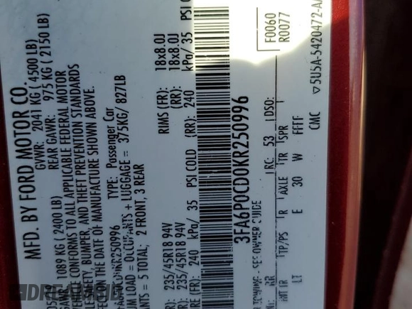 2019 Ford Fusion SEL with VIN 3FA6P0CD0KR250996, listed as a Copart auction lot 46589115 with 50,057 mi miles and Salvage Title. Bid and sale history available at carsss.com. Image 12.