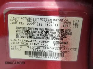 2008 Nissan Sentra S with VIN 3N1AB61E28L612939, listed as a Copart auction lot 60059405 with 129,320 mi miles and Salvage title. Bid and sale history available at DreamBid. Image 12.