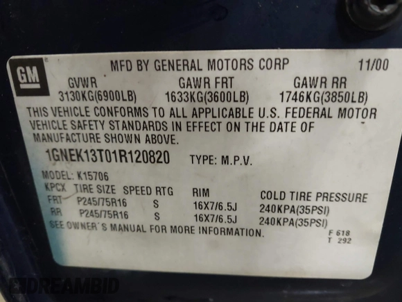 2001 Chevrolet Tahoe LT with VIN 1GNEK13T01R120820, listed as a IAAI auction lot 41376969 with Not Provided miles. Bid and sale history available at carsss.com. Image 9.
