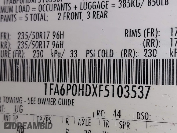 2015 Ford Fusion SE with VIN 1FA6P0HDXF5103537, listed as a IAAI auction lot 41241939 with 147,059 mi miles. Bid and sale history available at carsss.com. Image 9.