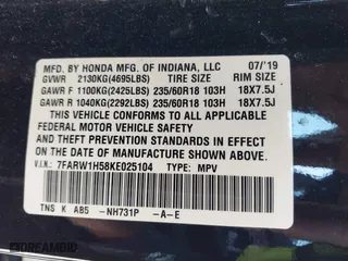 2019 Honda CR-V EX with VIN 7FARW1H58KE025104, listed as a IAAI auction lot 41750649 with 109,574 mi miles. Bid and sale history available at carsss.com. Image 9.