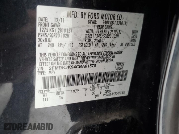 2012 Ford Edge Limited with VIN 2FMDK3K94CBA61570, listed as a Copart auction lot 44023295 with 124,945 mi miles and Salvage Title. Bid and sale history available at carsss.com. Image 13.