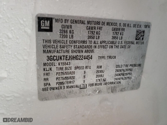 2017 Chevrolet Silverado 1500 High Country with VIN 3GCUKTEJ9HG224454, listed as a Copart auction lot 45988875 with 0 mi miles and Salvage Title. Bid and sale history available at carsss.com. Image 12.