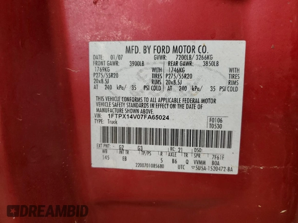 2007 Ford F-150 XLT with VIN 1FTPX14V07FA65024, listed as a Copart auction lot 45940985 with 0 mi miles and Salvage Title. Bid and sale history available at carsss.com. Image 13.