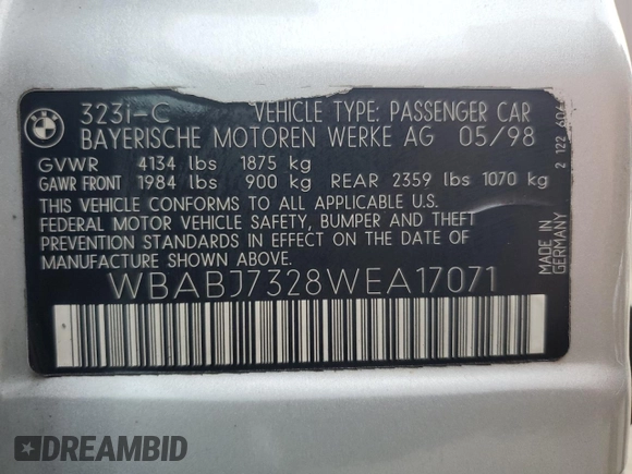 1998 BMW 3 Series 323ic with VIN WBABJ7328WEA17071, listed as a Copart auction lot 75089004 with 0 mi miles and Non Repairable. Bid and sale history available at carsss.com. Image 13.