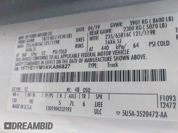 2019 Ford Transit with VIN 1FTYE1YM1KKA96827, listed as a IAAI auction lot 41851228 with 173,048 mi miles. Bid and sale history available at carsss.com. Image 9.