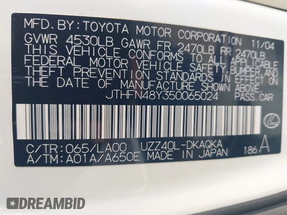 2005 Lexus SC 430 with VIN JTHFN48Y350065024, listed as a IAAI auction lot 42149463 with 93,231 mi miles and . Bid and sale history available at DreamBid. Image 9.