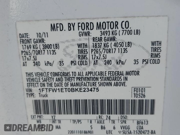 2011 Ford F-150 XLT with VIN 1FTFW1ET0BKE23475, listed as a Copart auction lot 54349465 with 113,424 mi miles and Salvage Title. Bid and sale history available at carsss.com. Image 12.