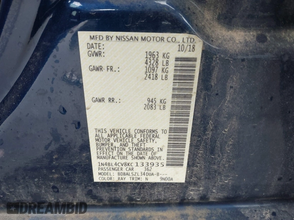 2019 Nissan Altima SR with VIN 1N4BL4CV8KC133935, listed as a IAAI auction lot 41903915 with 97,787 mi miles and . Bid and sale history available at DreamBid. Image 9.
