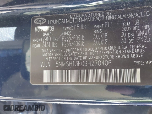 2009 Hyundai Santa Fe SE с VIN 5NMSH13E09H270406, выставлен на аукционе IAAI как лот 42012538 с пробегом 170 460 миль миль и . История ставок и продаж доступна на DreamBid. Изображение 9.