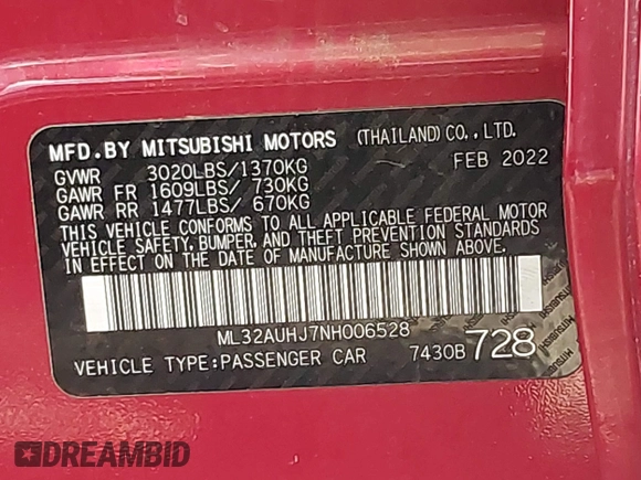 2022 Mitsubishi Mirage ES z VIN ML32AUHJ7NH006528, wystawiony jako IAAI lot #42147115 z przebiegiem 49 761 mil mil oraz . Historia ofert i sprzedaży dostępna na DreamBid. Obrazek 9.
