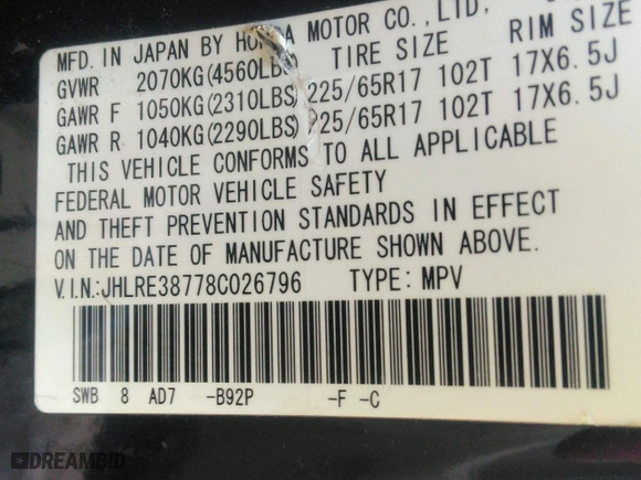 2008 Honda CR-V EX-L with VIN JHLRE38778C026796, listed as a IAAI auction lot 42016199 with 255,990 mi miles. Bid and sale history available at carsss.com. Image 9.