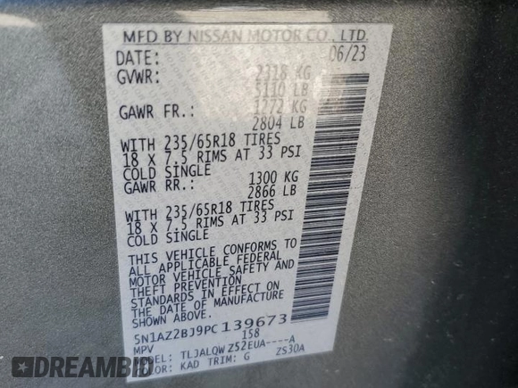 2023 Nissan Murano SV z VIN 5N1AZ2BJ9PC139673, wystawiony jako Copart lot #58766235 z przebiegiem 32 740 mil mil oraz Szkoda całkowita • Salvage title. Historia ofert i sprzedaży dostępna na DreamBid. Obrazek 13.