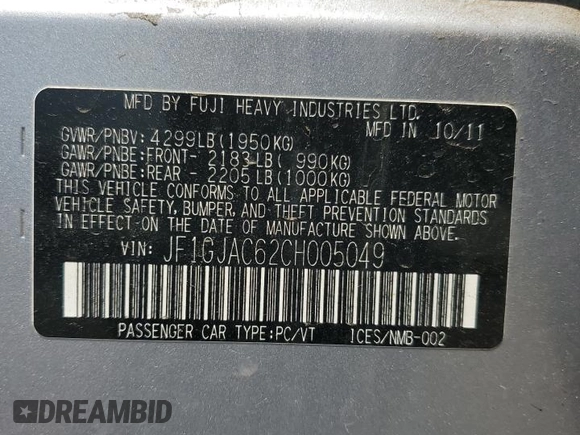 2012 Subaru Impreza Premium z VIN JF1GJAC62CH005049, wystawiony jako Copart lot #59527935 z przebiegiem 104 315 mil mil oraz Szkoda całkowita • Salvage title. Historia ofert i sprzedaży dostępna na DreamBid. Obrazek 13.