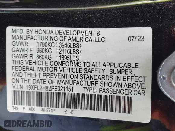 2023 Honda Civic Sport with VIN 19XFL2H82PE021151, listed as a IAAI auction lot 41943345 with 55,679 mi miles and . Bid and sale history available at DreamBid. Image 9.