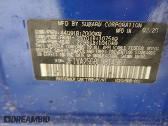 2020 Subaru WRX STI with VIN JF1VA2S68L9814967, listed as a Copart auction lot 63988455 with Not provided miles and Clean title. Bid and sale history available at DreamBid. Image 13.
