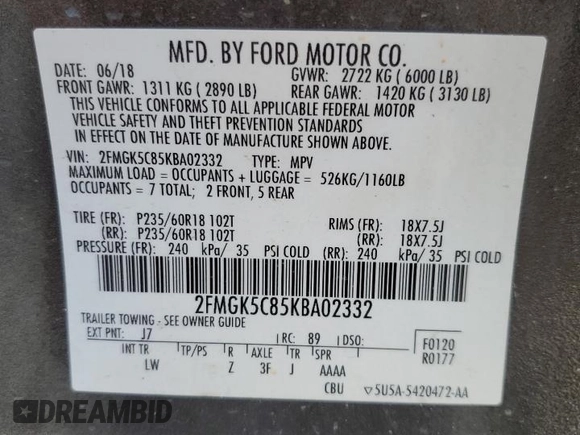 2019 Ford Flex SEL with VIN 2FMGK5C85KBA02332, listed as a Copart auction lot 51105365 with 91,953 mi miles and Salvage Title. Bid and sale history available at carsss.com. Image 13.