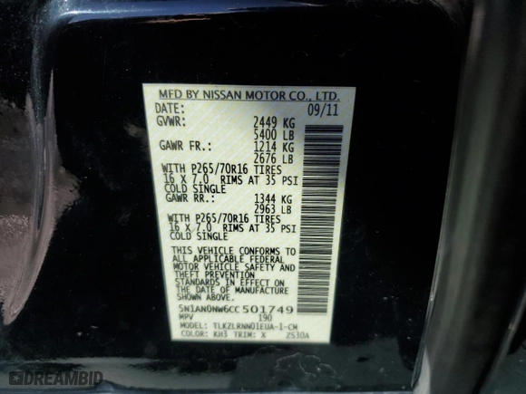2012 Nissan Xterra S with VIN 5N1AN0NW6CC501749, listed as a Copart auction lot 46707635 with 84,538 mi miles and Salvage Title. Bid and sale history available at carsss.com. Image 13.