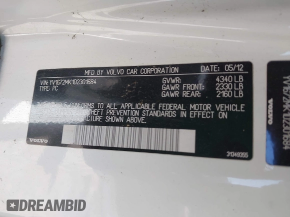 2013 Volvo C30 T5 with VIN YV1672MK1D2301684, listed as a IAAI auction lot 42041442 with 112,034 mi miles and . Bid and sale history available at DreamBid. Image 9.
