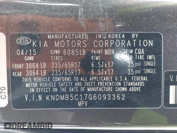 2016 Kia Sedona LX with VIN KNDMB5C17G6093362, listed as a IAAI auction lot 41996581 with 107,160 mi miles and . Bid and sale history available at DreamBid. Image 9.
