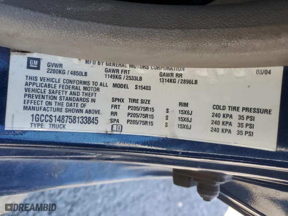 2005 Chevrolet Colorado Z85 with VIN 1GCCS148758133845, listed as a Copart auction lot 83060214 with 165,739 mi miles and Salvage Title. Bid and sale history available at carsss.com. Image 12.