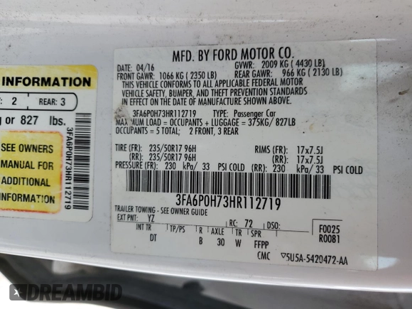 2017 Ford Fusion SE with VIN 3FA6P0H73HR112719, listed as a Copart auction lot 53867785 with 187,889 mi miles and Clean title. Bid and sale history available at DreamBid. Image 12.