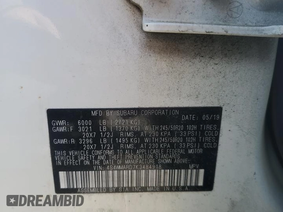 2019 Subaru Ascent Touring with VIN 4S4WMARD7K3484918, listed as a Copart auction lot 56287805 with 69,650 mi miles and Salvage title. Bid and sale history available at DreamBid. Image 13.