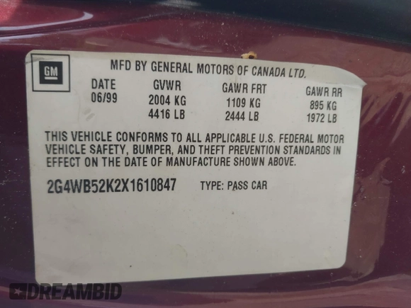 1999 Buick Regal LS with VIN 2G4WB52K2X1610847, listed as a IAAI auction lot 42345149 with 144,080 mi miles and . Bid and sale history available at DreamBid. Image 9.