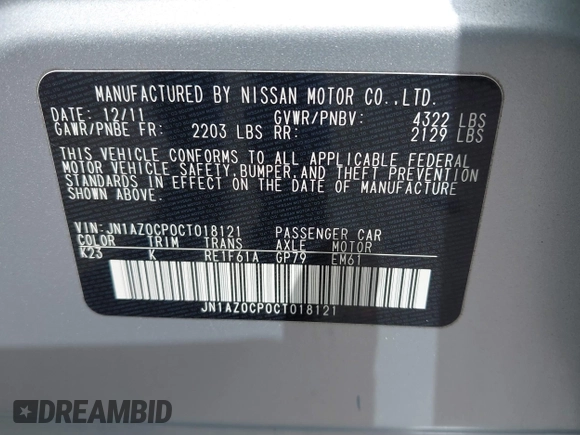 2012 Nissan LEAF SL with VIN JN1AZ0CP0CT018121, listed as a IAAI auction lot 42156923 with 116,605 mi miles. Bid and sale history available at carsss.com. Image 9.