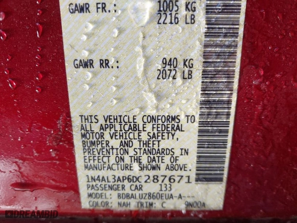 2013 Nissan Altima 2.5 SL with VIN 1N4AL3AP6DC287671, listed as a IAAI auction lot 41280880 with 233,029 mi miles. Bid and sale history available at carsss.com. Image 9.