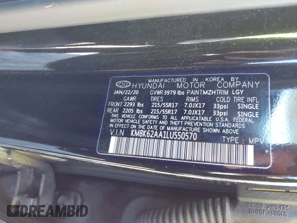 2020 Hyundai Kona SEL Plus with VIN KM8K62AA1LU550570, listed as a IAAI auction lot 41381405 with 59,510 mi miles. Bid and sale history available at carsss.com. Image 9.