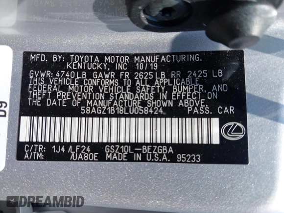 2020 Lexus ES 350 F Sport with VIN 58AGZ1B18LU058424, listed as a IAAI auction lot 42749479 with 65,031 mi miles and . Bid and sale history available at DreamBid. Image 9.