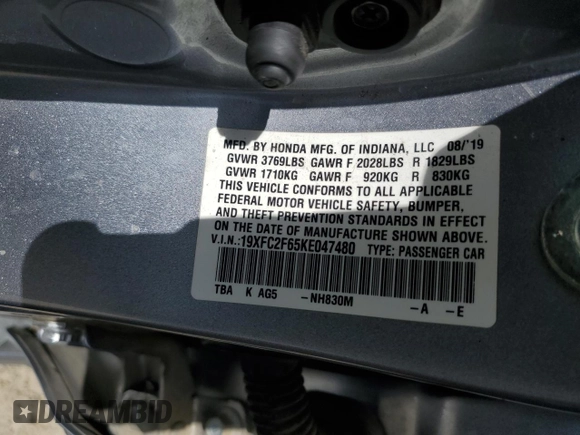 2019 Honda Civic Sedan LX with VIN 19XFC2F65KE047480, listed as a Copart auction lot 49339245 with 98,549 mi miles and Salvage Title. Bid and sale history available at carsss.com. Image 12.