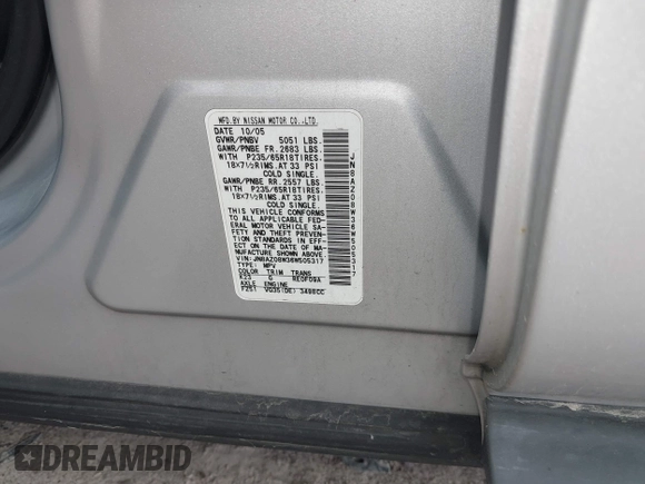 2006 Nissan Murano SL z VIN JN8AZ08W36W505317, wystawiony jako IAAI lot #42023024 z przebiegiem 146 427 mil mil oraz . Historia ofert i sprzedaży dostępna na DreamBid. Obrazek 9.