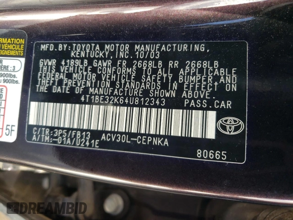 2004 Toyota Camry LE with VIN 4T1BE32K64U812343, listed as a Copart auction lot 79923204 with 151,873 mi miles and Salvage Title. Bid and sale history available at carsss.com. Image 14.