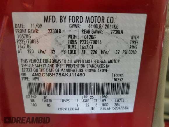2010 Mercury Mariner Premier with VIN 4M2CN8H78AKJ11460, listed as a Copart auction lot 78660474 with 0 mi miles and Clean Title. Bid and sale history available at carsss.com. Image 13.