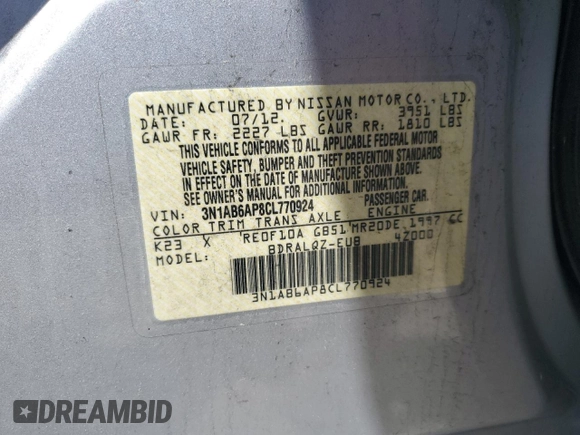 2012 Nissan Sentra S with VIN 3N1AB6AP8CL770924, listed as a Copart auction lot 62236315 with 118,073 mi miles and Clean title. Bid and sale history available at DreamBid. Image 12.
