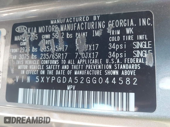 2016 Kia Sorento LX with VIN 5XYPGDA52GG044582, listed as a IAAI auction lot 42402596 with 143,250 mi miles and . Bid and sale history available at DreamBid. Image 9.