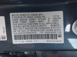 2024 Honda Civic Sedan Sport with VIN 2HGFE2F58RH544301, listed as a IAAI auction lot 41346275 with 25,223 mi miles. Bid and sale history available at carsss.com. Image 9.