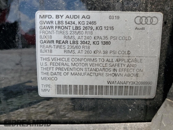 2019 Audi Q5 Premium with VIN WA1ANAFY3K2088990, listed as a Copart auction lot 62062025 with 140,819 mi miles and Clean title. Bid and sale history available at DreamBid. Image 13.