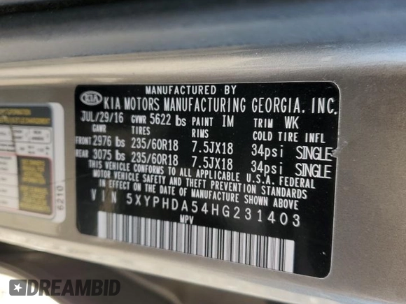 2017 Kia Sorento EX with VIN 5XYPHDA54HG231403, listed as a Copart auction lot 46414855 with 78,558 mi miles and Clean Title. Bid and sale history available at DreamBid. Image 13.