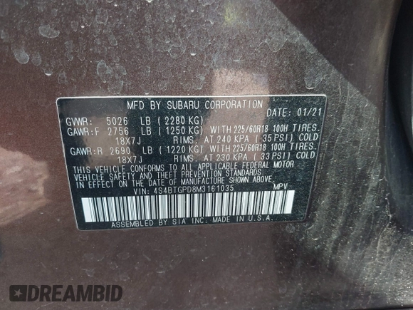 2021 Subaru Outback Touring XT z VIN 4S4BTGPD8M3161035, wystawiony jako IAAI lot #41503608 z przebiegiem 67 986 mil mil oraz . Historia ofert i sprzedaży dostępna na DreamBid. Obrazek 9.