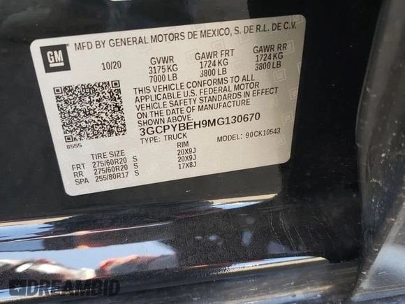2021 Chevrolet Silverado 1500 Custom with VIN 3GCPYBEH9MG130670, listed as a Copart auction lot 68754854 with 63,770 mi miles and Salvage Title. Bid and sale history available at DreamBid. Image 14.