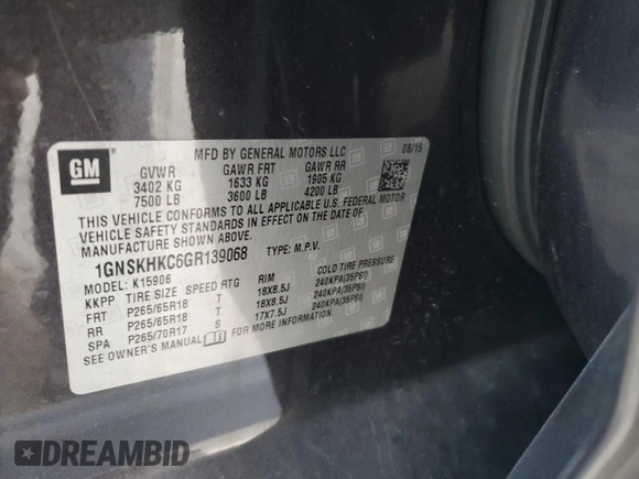 2016 Chevrolet Suburban LT z VIN 1GNSKHKC6GR139068, wystawiony jako Copart lot #50499125 z przebiegiem 154 239 mil mil oraz Szkoda całkowita • Salvage title. Historia ofert i sprzedaży dostępna na DreamBid. Obrazek 13.
