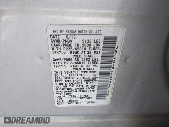 2014 Nissan Murano SL z VIN JN8AZ1MU6EW400179, wystawiony jako IAAI lot #42041334 z przebiegiem 207 177 mil mil oraz . Historia ofert i sprzedaży dostępna na DreamBid. Obrazek 9.