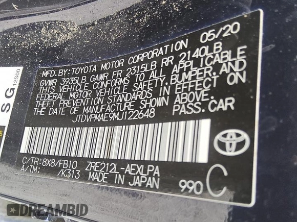 2021 Toyota Corolla LE with VIN JTDVPMAE9MJ122648, listed as a Copart auction lot 50896255 with 44,451 mi miles and Clean Title. Bid and sale history available at carsss.com. Image 12.