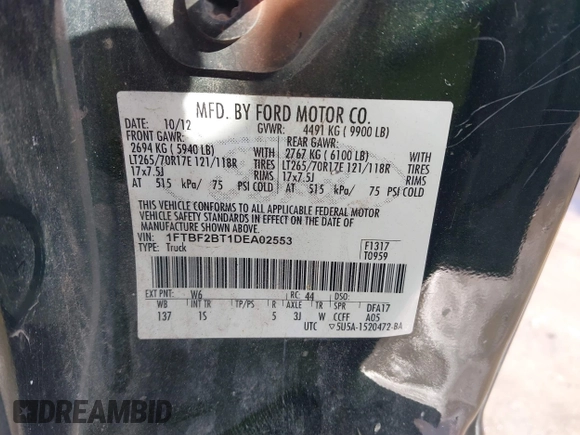 2013 Ford F-250 XLT with VIN 1FTBF2BT1DEA02553, listed as a IAAI auction lot 41430537 with 131,145 mi miles and . Bid and sale history available at DreamBid. Image 9.