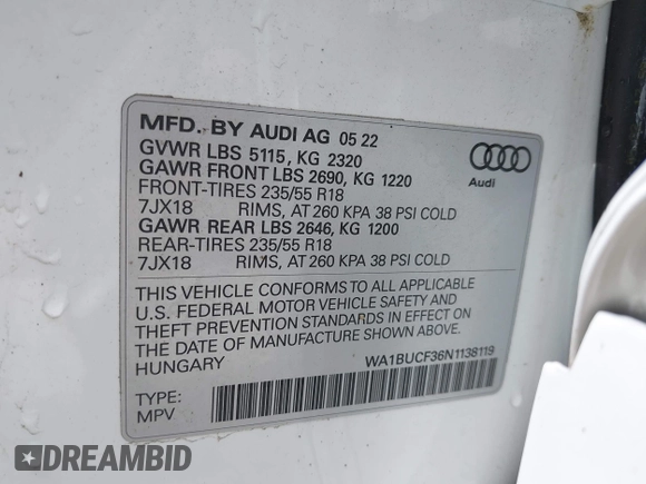 2022 Audi Q3 Premium Plus with VIN WA1BUCF36N1138119, listed as a IAAI auction lot 42536021 with 25,797 mi miles and . Bid and sale history available at DreamBid. Image 9.
